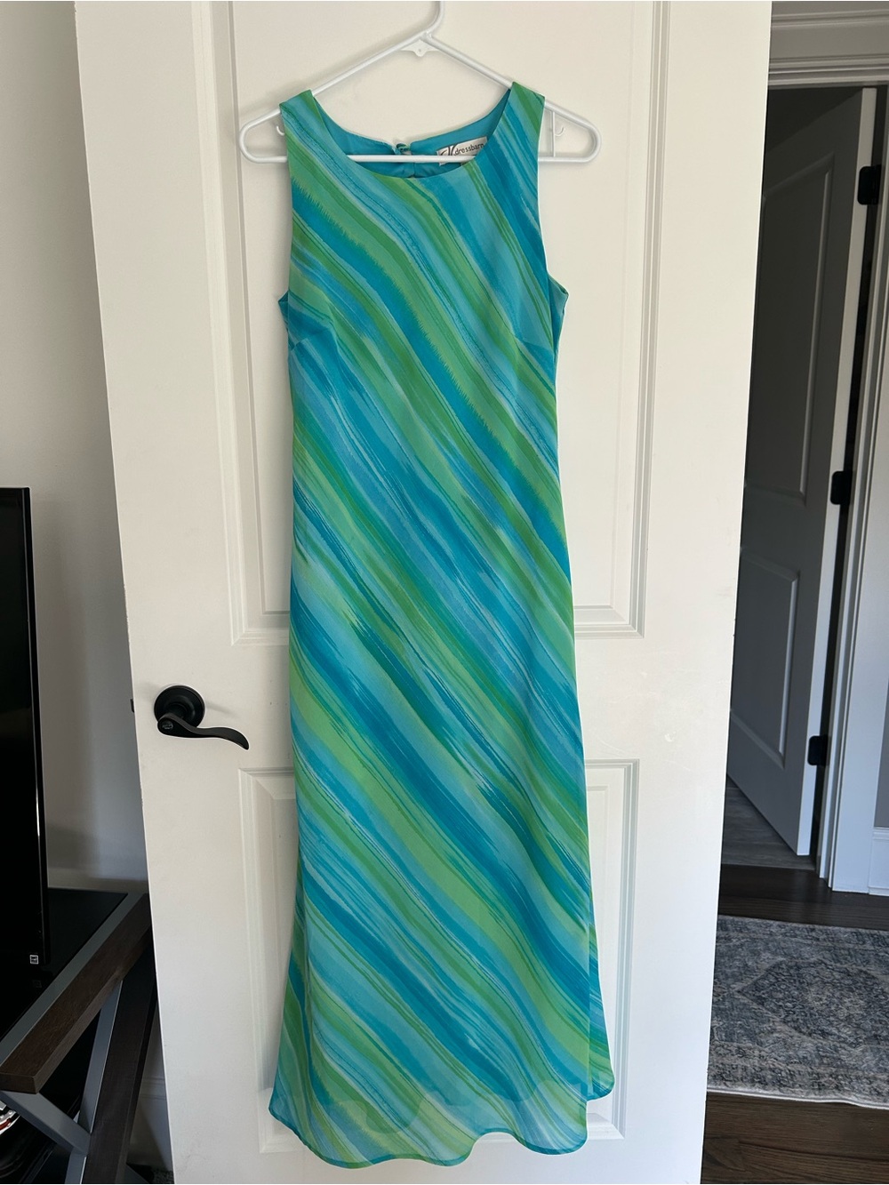 Vintage Sleeveless Aqua & Lime Diagonal Stripe Maxi Dress
